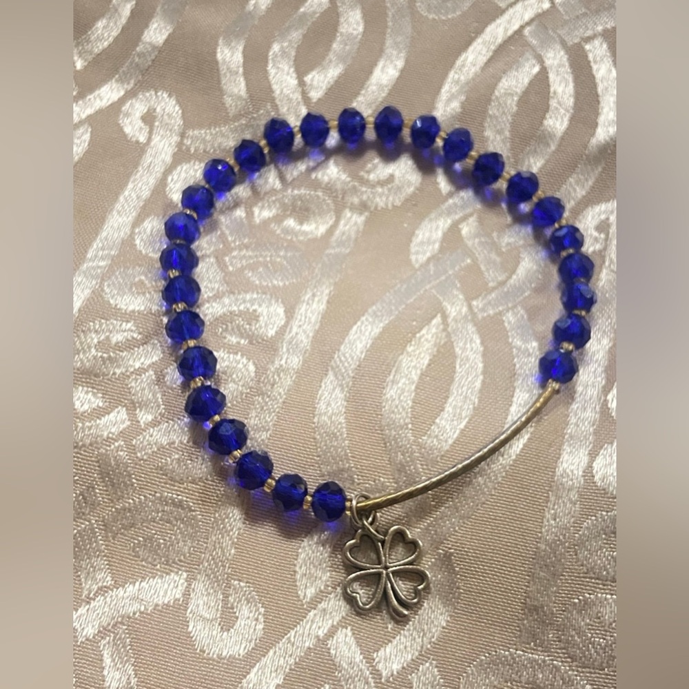 Blue Crystal Clover Charm Bead Stretch Bracelet #9137